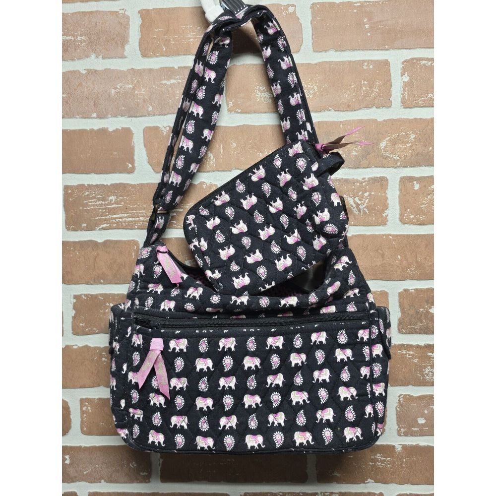 Very‎ Bradley Tote Purse Black Elephants And Paisley Double Top Handles Quilted